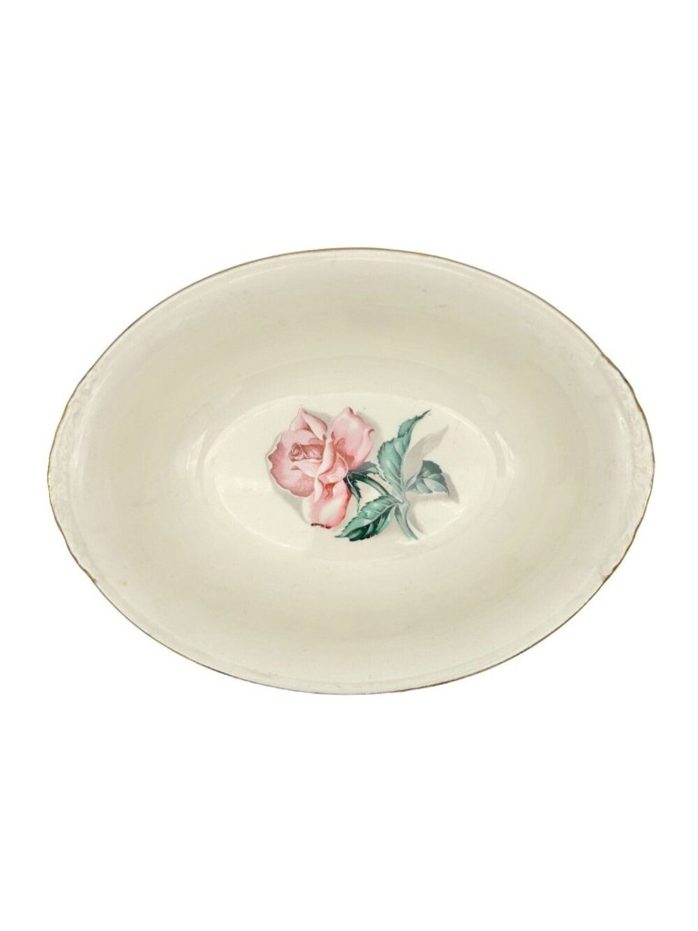 Vintage Nautilus Oval Serving Bowl With Pink Rose Design & Gold Trim